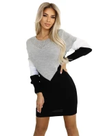 584-1 Tříbarevné svetrové šaty s prolamovaným výstřihem - černé, bílé a šedé