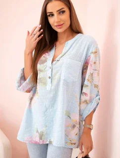 Dámská blůza z bavlny s květinovým vzorem a knoflíky modrý