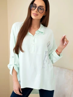 Dámská viskózová halenka s límečkem a potiskem z cyrkonií mentolová