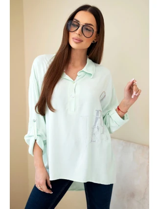 Dámská viskózová halenka s límečkem a potiskem z cyrkonií mentolová