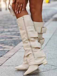 Dámské kozačky na sloupkovém podpatku s ohrnovaným svrškem a zlatými přezkami Isavelle – světle béžové