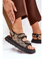 Dámské Vzorované Textilní Sandály Se Zlatými Detaily Béžovo-Černé Pefese