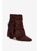 Dámské kotníkové boty na sloupkovém podpatku s třásněmi a zlatými přezkami Evelisse – čokoládové Dámské kotníkové boty na sloupkovém podpatku s třásněmi a zlatými přezkami Evelisse – čokoládové