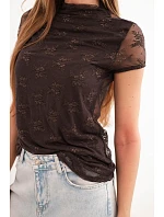 Dámská viskózová krajková halenka s krátkým rukávem a půlrolákem hnědá