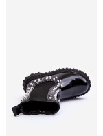 Dívčí patentované boty Chelsea zdobené černými kamínky Adelie