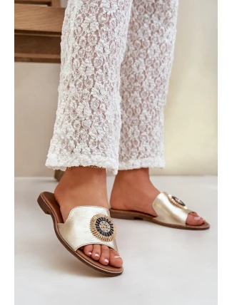 Kožené sandály s ozdobou na plochém podpatku Zazoo 3047/O zlaté