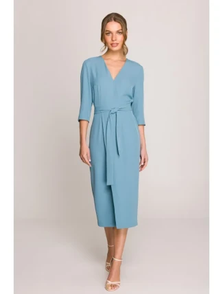 S396 Šaty se zavinovacími detaily ve střední délce - nebesky modré