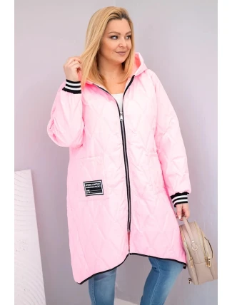 Dámská bunda Plus Size prošívaná s kapucí a sportovními manžetami cukrově růžová