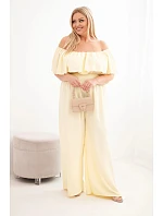 Dámská kombinéza Plus Size s odhalenými rameny, s volánem a širokými nohavicemi žlutý Dámská kombinéza Plus Size s odhalenými rameny, s volánem a širokými nohavicemi žlutý