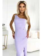 317-6 Dlouhé šaty s volánkem a asymetrickým výstřihem - levandulová barva 317-6 Dlouhé šaty s volánkem a asymetrickým výstřihem - levandulová barva