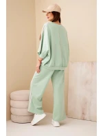 Dámský komplet z viskózy máslový se širokými nohavicemi a volnou blůzou tmavě mátový