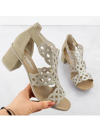 Dámské sandály na podpatku se zirkony v béžové barvě Rieker 64773-61