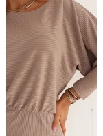 399-4 LARA Pruhované šaty s žebrovanými manžetami - moka pěna 399-4 LARA Pruhované šaty s žebrovanými manžetami - moka pěna