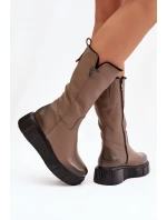 Dámské kožené kozačky Zazoo s vlnou – tmavě béžové