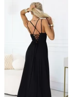 589-5 Maxi šaty bez ramínek s korzetovým zavazováním na zádech a rozparkem - černé 589-5 Maxi šaty bez ramínek s korzetovým zavazováním na zádech a rozparkem - černé