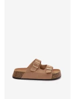 Dámské pantofle na korkové platformě se zlatými sponami tmavě béžové Tovessa