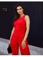 Elegantní overal na jedno rameno s širokými nohavicemi červené barvy