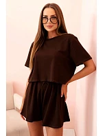 Dámský bavlněný komplet s širokými šortkami hnědý