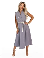 596-5 Elegantní midi košilka se zlatými knoflíky a páskem - šedá 596-5 Elegantní midi košilka se zlatými knoflíky a páskem - šedá