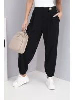 Dámské kalhoty z bavlny s vysokým pasem a ozdobným knoflíkem černé