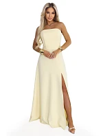 663-3 ELARA korzetové maxi šaty s rozparkem a zavazováním na zádech - máslově žluté