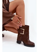 Dámské Zateplené Boty Na Podpatku Se Zlatou Sponou Hnědé Milira