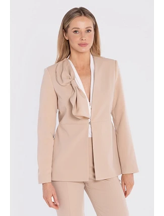 S432 Elegantní sako s ozdobnou mašlí - béžové