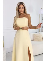 663-3 ELARA korzetové maxi šaty s rozparkem a zavazováním na zádech - máslově žluté