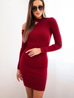 Dámská pletená šaty s dlouhým rukávem a asymetrickým výstřihem bordová