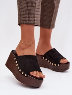 Dámské nazouváky na platformě se zlatými přezkami Eko semiš Černé Helivina