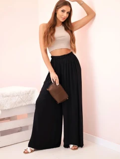 Široké dámské viskózové kalhoty s elastickým pasem černé