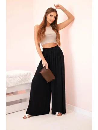 Široké dámské viskózové kalhoty s elastickým pasem černé Široké dámské viskózové kalhoty s elastickým pasem černé