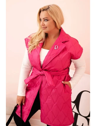 Dámská vesta Plus Size prošívaná s páskem a límcem růžová