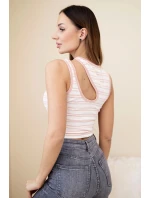 Dámský pruhovaný žebrovaný top bez rukávů s výstřihem pudrově růžová