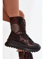 Kožené kotníkové boty na platformě s podšívkou Maciejka 06565-02 hnědozlaté