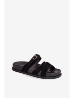 Dámské pantofle s pásky a zlatým přezkou Černé Selorina