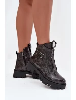 Dámské lakované boty Artiker – grafitové, zateplené, s ozdobou