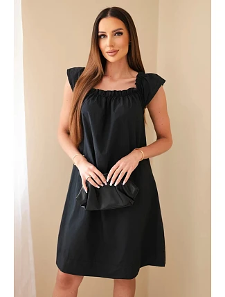 Dámské bavlněné šaty s nařaseným výstřihem a volánkem černá Dámské bavlněné šaty s nařaseným výstřihem a volánkem černá