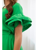 Šaty se zavazováním v pase s ozdobnými rukávy zelené barvy