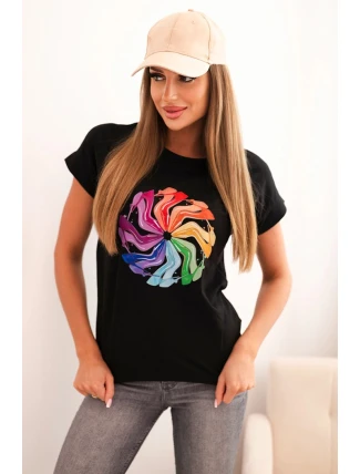 Dámská bavlněná blůza s krátkým rukávem a barevným potiskem černá