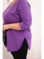 Dámská bavlněná blůza Plus Size s výstřihem do V a ohrnutým rukávem fialová