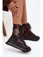 Kožené kotníkové boty na platformě s podšívkou Maciejka 06565-02 hnědozlaté