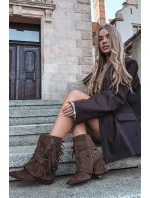 Dámské kotníkové boty na podpatku s třásněmi a zlatými sponami hnědé Evelisse Botki Damskie