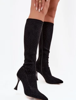 Dámské kozačky na jehlovém podpatku s ozdobou D&A JC52-883 Černé