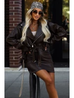 626-4 Bunda z měkké ekokůže ramon s páskem a asymetrickým zipem - hnědá