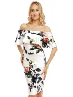 Společenské šaty květinové s volánem středně dlouhé bílé - Bílá - Beauty Fashion