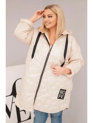 Dámská bunda Plus Size prošívaná s kapucí a nápisem HOPE světlá béžová