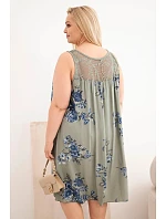 Dámské šaty Plus Size z viskózy s květinovým vzorem a krajkovým vrškem khaki