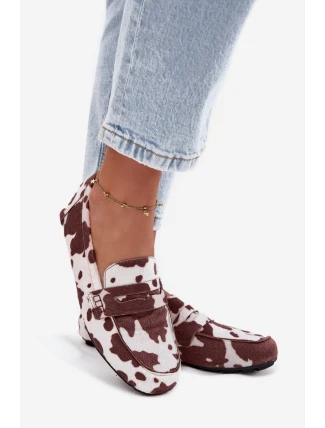 Dámské loafersy mokasíny s plochou podrážkou a vzorem Roseline – hnědo-bílé