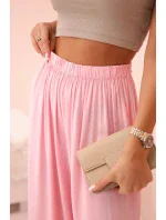 široké dámské viskózové kalhoty s elastickým pasem světle růžové